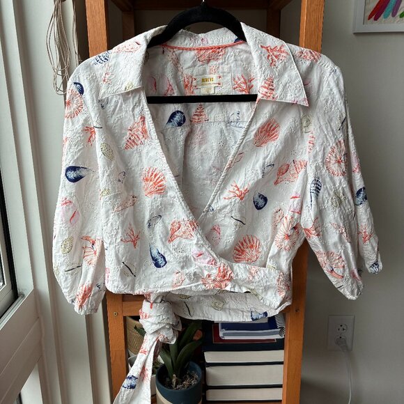 Anthropologie White Puff Sleeve Wrap Crop Blouse with Eyelet & Seashells- Size L - Picture 4 of 8